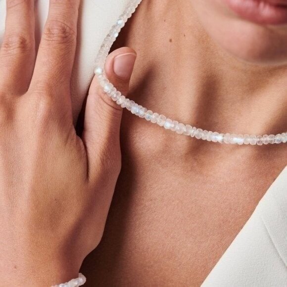 Necklace STUNNING Moonstone Necklace AAA Genuine Blue Fire Moonstone Beaded - Picture 5 of 12